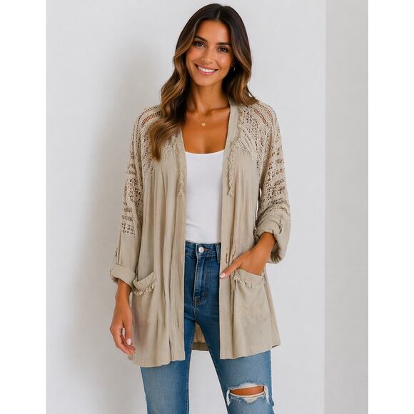 Doe & Rae Sweaters - Doe & Rae Women's Beige Cardigan size small boho fringe cardigan